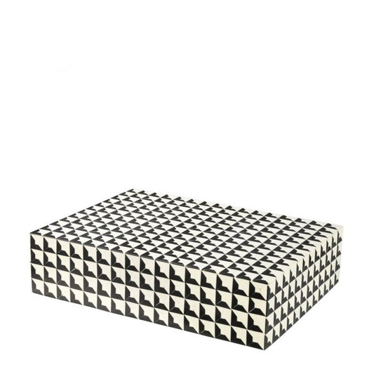 A rectangular box with a black and white geometric pattern on the inlay.