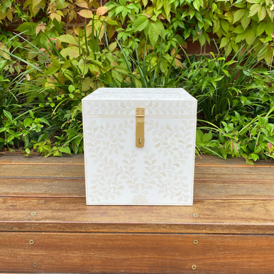 Bone Inlay Wishing Well Box : Floral : White