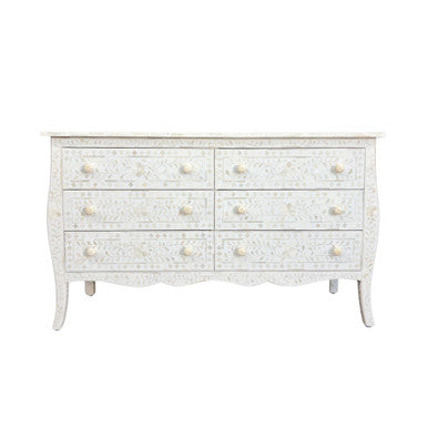 Bone Inlay French 6 Drawer Chest : Floral : White