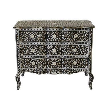 Mother of Pearl Inlay French 3 Drawer Chest : Floral : Black