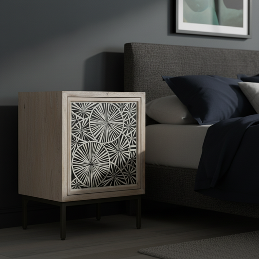 Bedside Cabinet with Bone Inlay Insert : Pond Lily : Whitewash