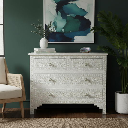Mother of Pearl Inlay 4 Drawer Chest : Floral : White