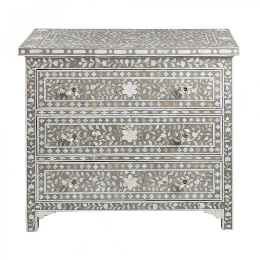 Mother of Pearl Inlay 3 Drawer Chest : Floral Grey