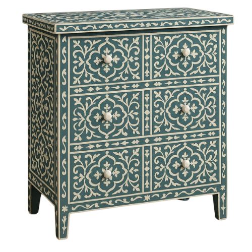 Bone Inlay 3 Drawer Chest : Damask : Teal