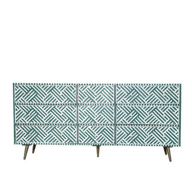 Patterned sideboard with geometric design on a white background