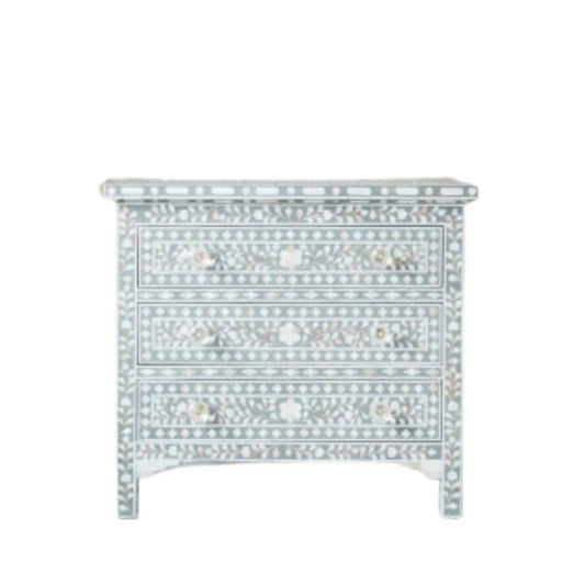 Mother of Pearl Inlay Large Bedside Chest : Floral :Grey