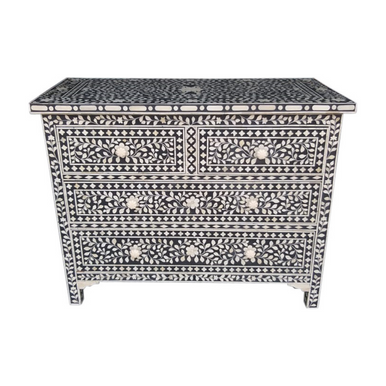 Bone Inlay 4 Drawer Chest : Floral : Black