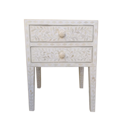 Bone Inlay 2 Drawer Bedside : Floral : White