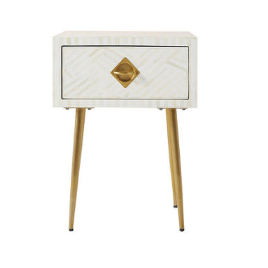 Bone Inlay 1 Drawer Bedside (with Metal Legs) : Criss Cross : White