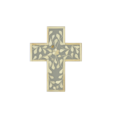 Bone Inlay Small Cross : Floral : Grey