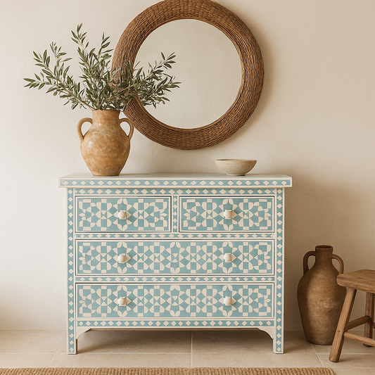 Decorative chest of drawers with geometric pattern, round mirror, and vases in a room setting.