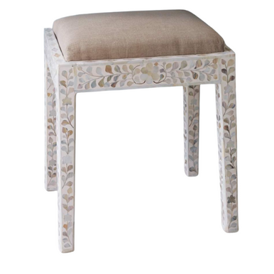 Mother of Pearl Inlay Dressing Table Stool : Floral : White