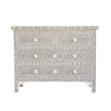 Bone Inlay 4 Drawer Chest : Floral : Dove Grey