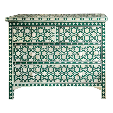 A green chest of drawers with intricate bone inlay work in a hexafloral pattern.