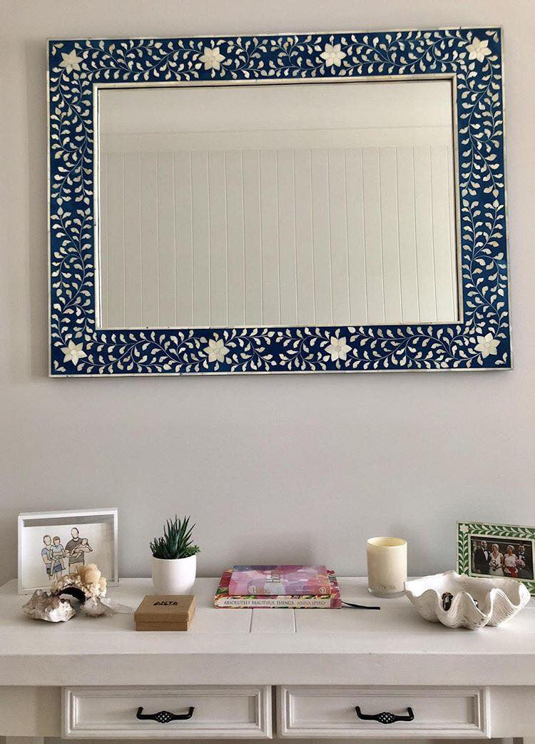 Bone Inlay Rectangular Mirror : Floral : Blue Bone Inlay Rectangular Mirror : Floral : Blue