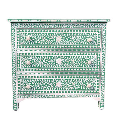 Bone Inlay 3 Drawer Chest : Floral : Green