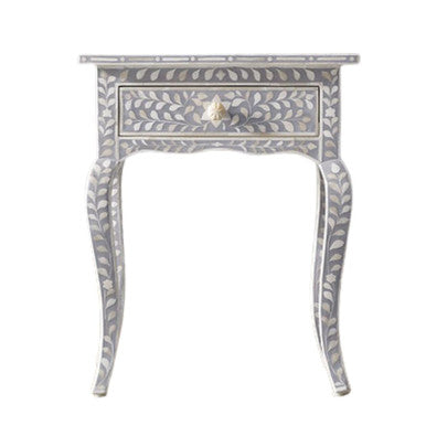 Bone Inlay French 1 Drawer Bedside Table : Floral : Grey