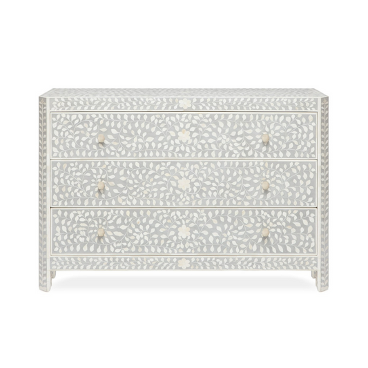 Bone Inlay 3 Drawer Chest : Floral : Grey