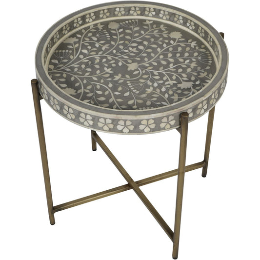 Bone Inlay Round Side Table with Metal Legs : Laurel : Grey