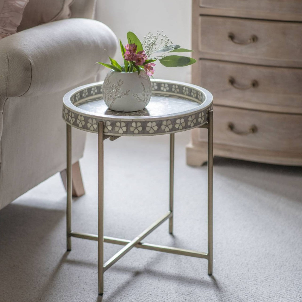 Bone Inlay Round Side Table with Metal Legs : Laurel : Grey Bone Inlay Round Side Table with Metal Legs : Laurel : Grey