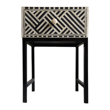 Bone Inlay 1 Drawer Bedside (with Metal Legs) : Stripe : Black
