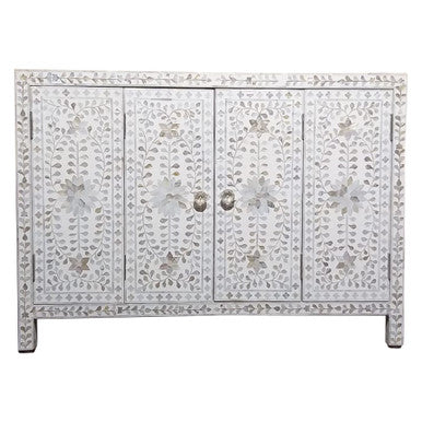 Mother of Pearl Inlay 4 Door Buffet : Floral : White
