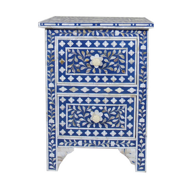 Mother of Pearl Inlay 2 Drawer Bedside : Floral : Blue