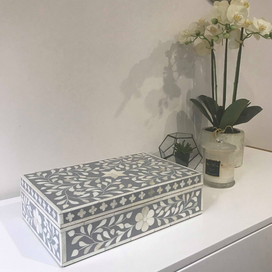 Bone Inlay Large Box : Floral : Grey