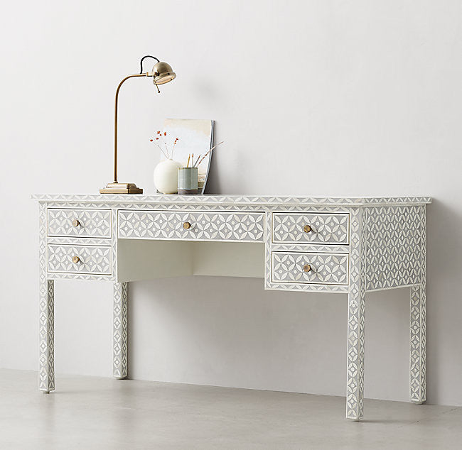 Bone Inlay 5 Drawer Desk : Starburst : Grey Bone Inlay 5 Drawer Desk : Starburst : Grey