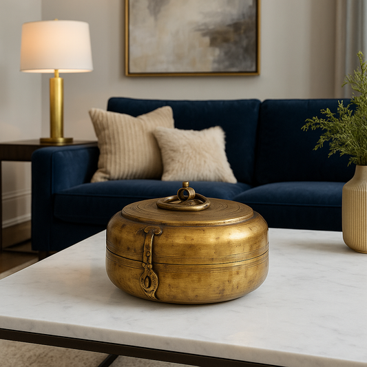 Decorative gold box on a marble coffee table in a living room setting.