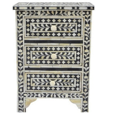 Bone Inlay 3 Drawer Bedside Chest : Floral : Black