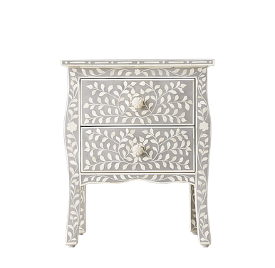 Bone Inlay French 2 Drawer Bedside : Floral : Grey
