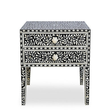 Bone Inlay 2 Drawer Bedside : Floral : Black