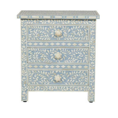 Bone Inlay 3 Drawer Bedside : Floral : Blue-Grey