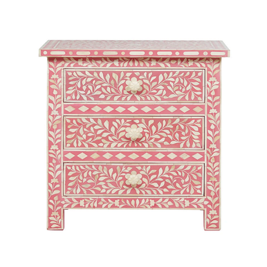 Bone Inlay 3 Drawer Bedside : Floral : Fuchsia