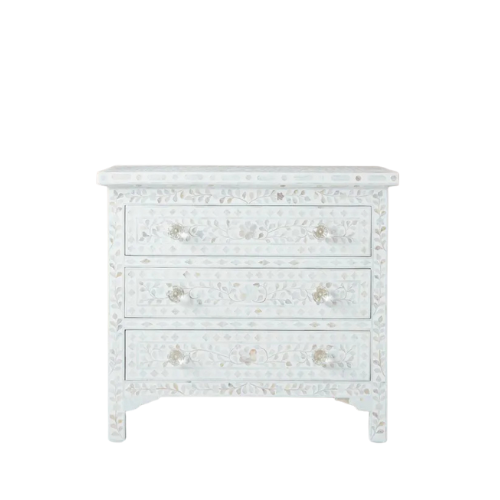 Mother of Pearl Inlay 3 Drawer Chest : Floral : White