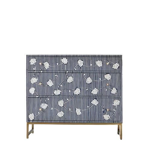Bone Inlay 3 Drawer Chest : Striped Floral : Blue