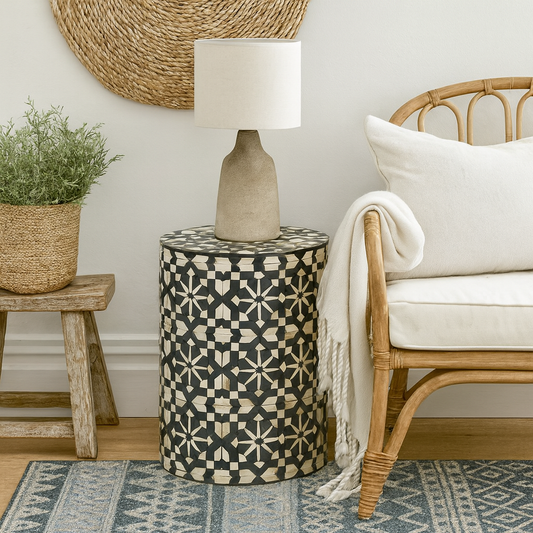 Bone Inlay Side Table :  Zelliges : Black
