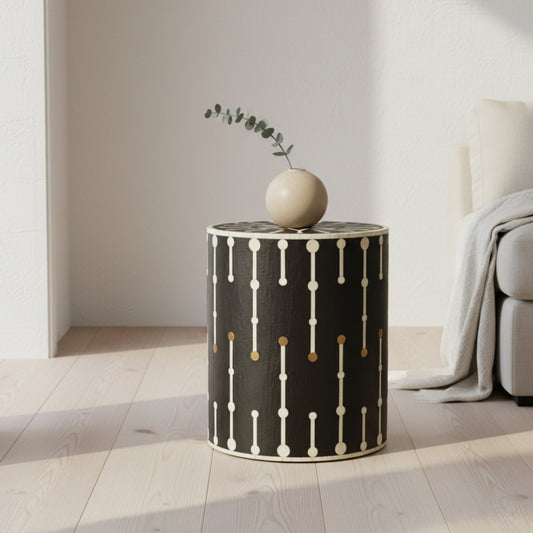 Bone & Brass Inlay Side Table : Black