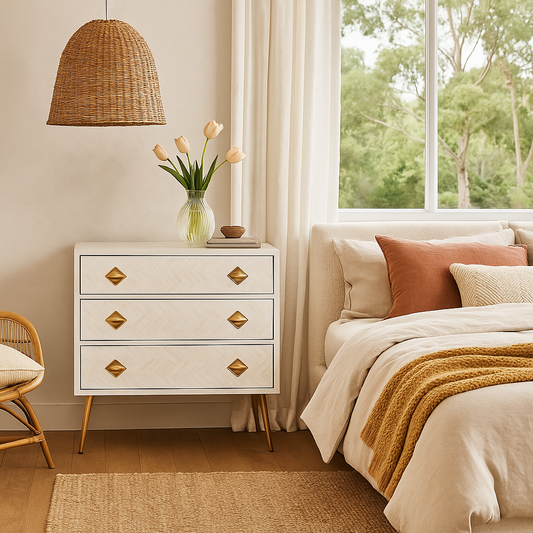 Bone Inlay 3 Drawer Chest : Criss Cross : White