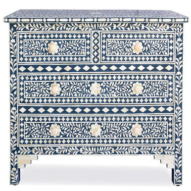 Bone Inlay 4 Drawer Chest : Floral : Blue
