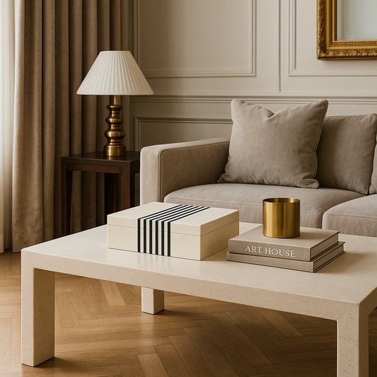 Living room with beige sofa, coffee table, and decorative items.