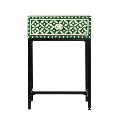 Bone Inlay 1 Drawer Bedside (with Metal Legs) : Starburst : Green
