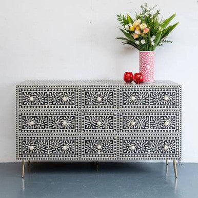 Bone Inlay 9 Drawer Sideboard : Liana : Black