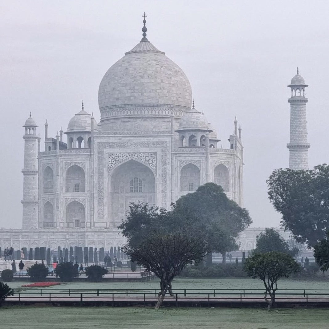 The Taj Mahal on a foggy day with trees in the foreground The Taj Mahal on a foggy day with trees in the foreground