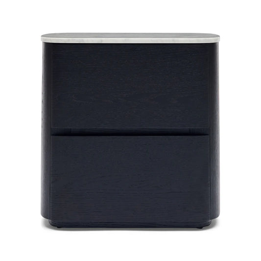 Black nightstand with two drawers on a white background