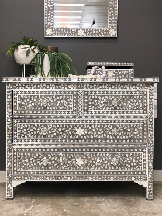 Mother of Pearl Inlay 4 Drawer Chest : Floral : Grey