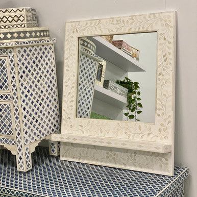 Bone Inlay Square Mirror With Ledge : Floral : White