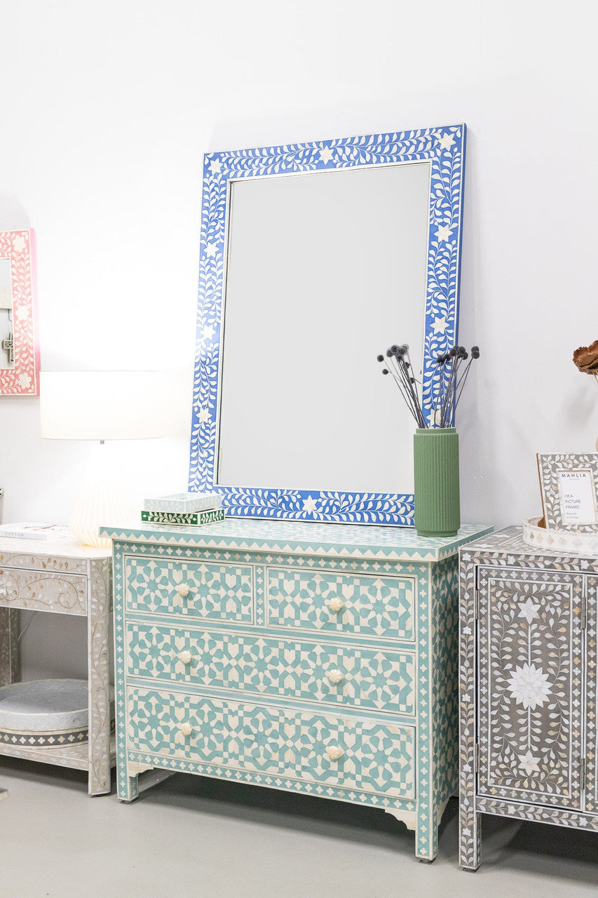 Bone Inlay Rectangular Mirror : Floral : Blue Bone Inlay Rectangular Mirror : Floral : Blue