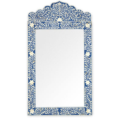 Bone Inlay Crested Mirror : Floral : Blue